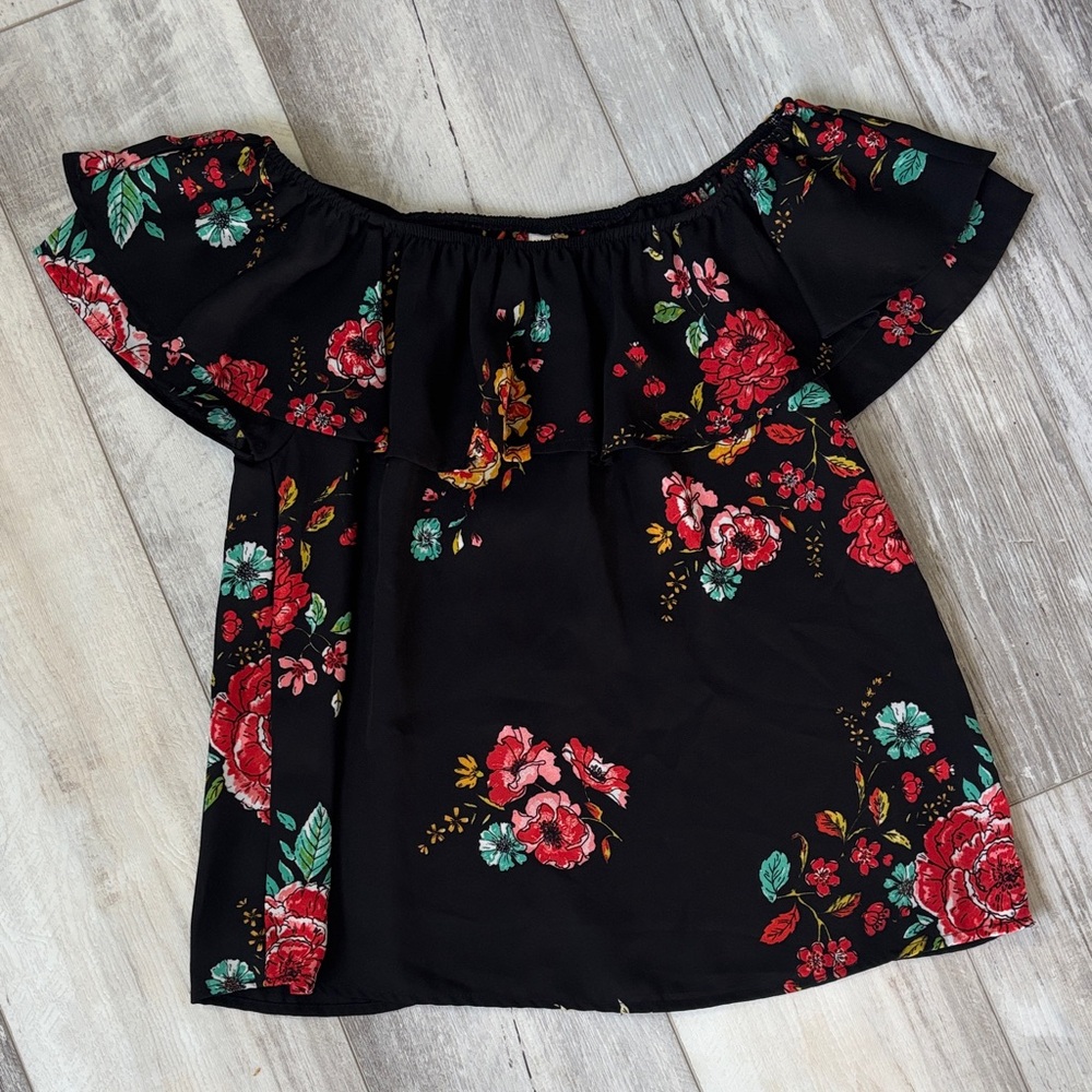 Xhilaration Black Floral Off-Shoulder Blouse